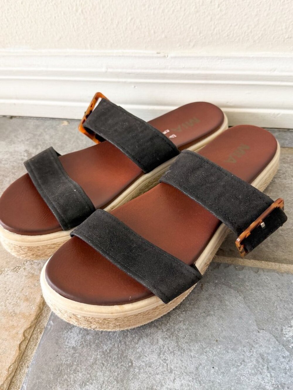 MIA Carleen Platform Sandals Black Buckle Espadrille Size 9 Womens